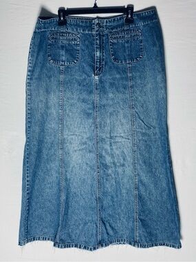 Vintage 90s Contrast Low Rise Med Wash Denim Maxi Skirt W Raw Hem 18